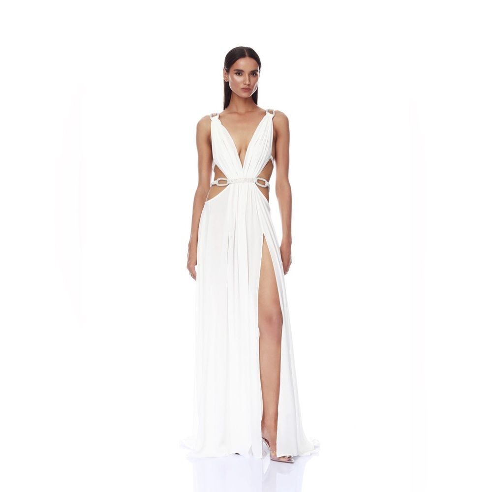 NEW BRONX AND BANCO Elegant White Cutout Plunge Brielle Diamond Gown - Picture 3 of 15